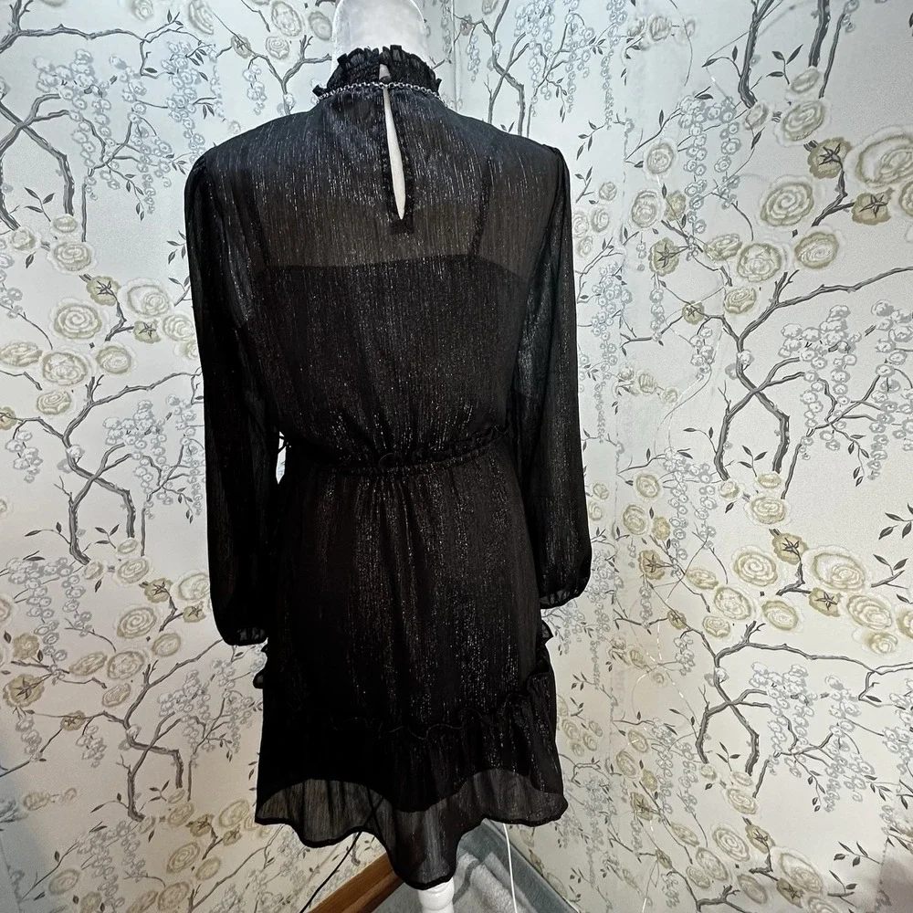 LOFT WOMEN'S BLACK SHIMMERING METALLIC TIERED DRESS SIZE SP NEW WITHOUT TAG - Picture 6 of 8